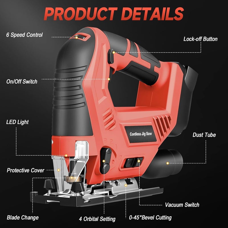 CAMXTOOL Jigsaw Compatible with Milwaukee 18V Battery (No Battery), Cordless Jig Saw Brushless Jigsaw Tool with LED Light, 0°- 45° Bevel Cuts, 3 Orbital Settings for Straight/Curve/Circle Cutting - Image 2
